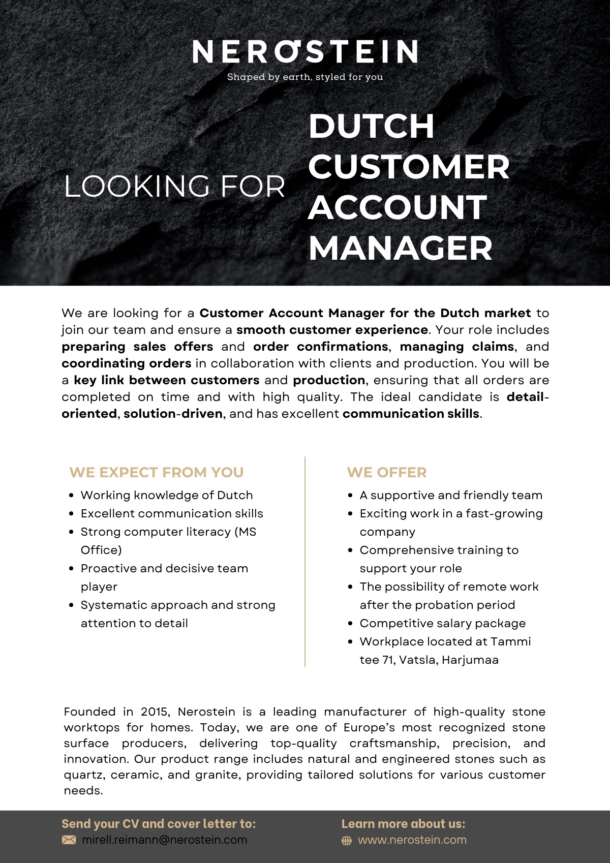 NEROSTEIN OÜ Customer Account Manager for Dutch Market