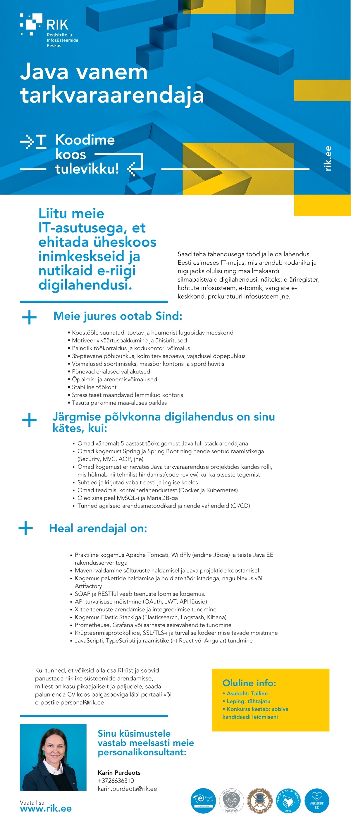 Registrite ja Infosüsteemide Keskus JAVA VANEM TARKVARAARENDAJA