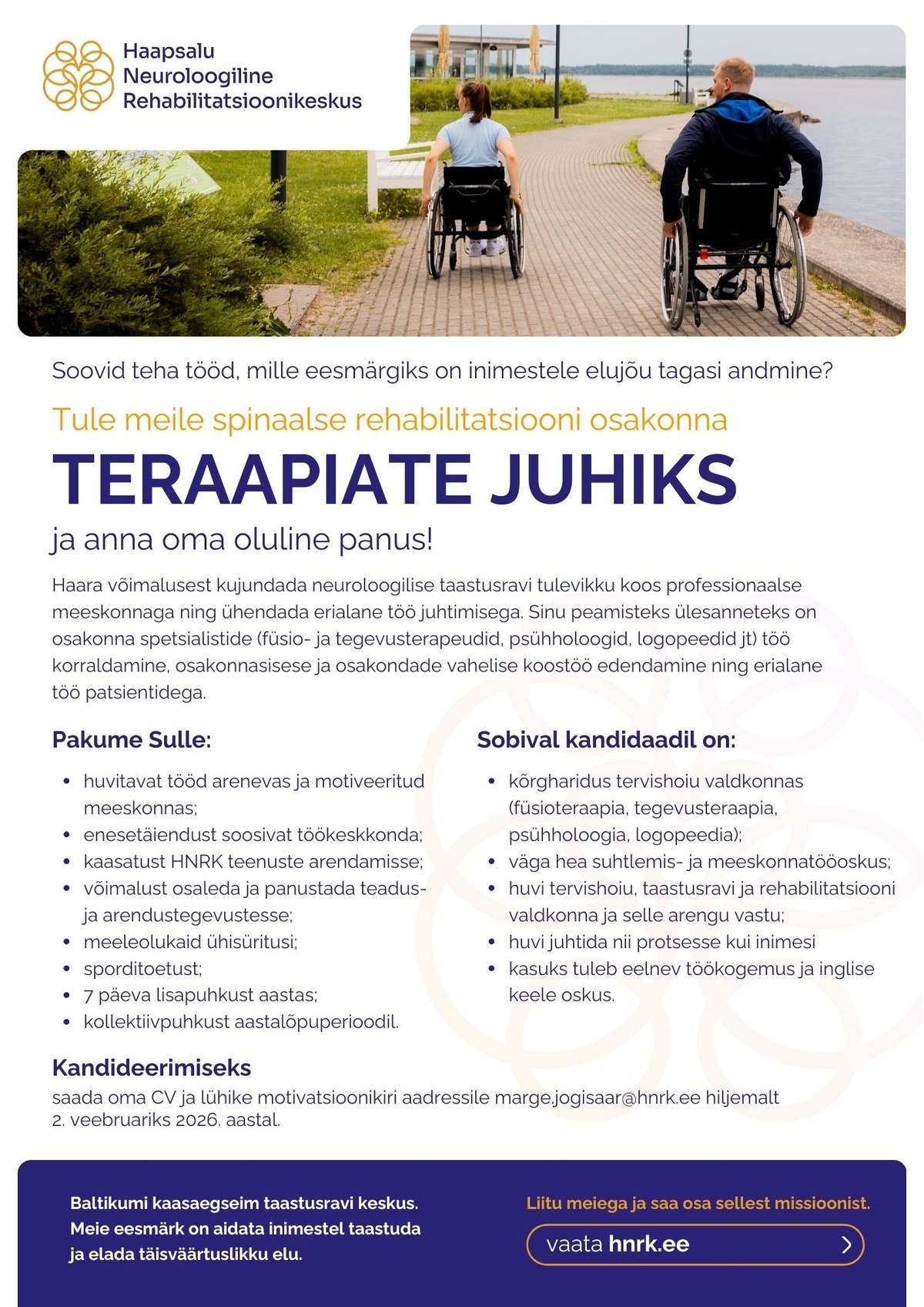 SA Haapsalu Neuroloogiline Rehabilitatsioonikeskus Spinaalse rehabilitatsiooni osakonna teraapiate juht