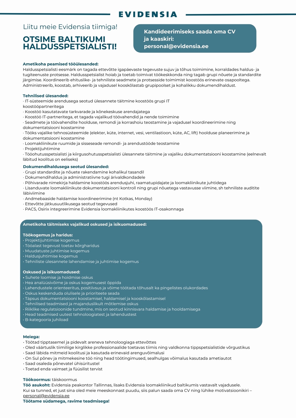 Evidensia Loomakliinikud OÜ Baltikumi haldusspetsialist