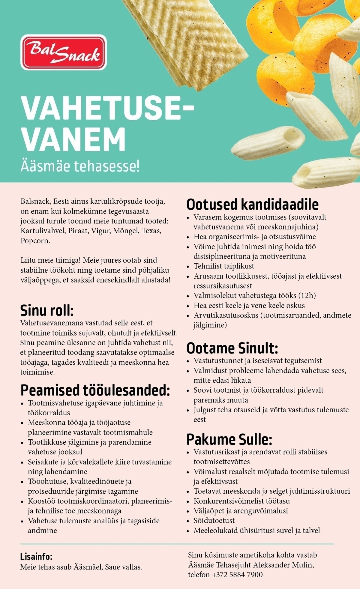 Balsnack International Holding AS Vahetusevanem Ääsmäe tehasesse!