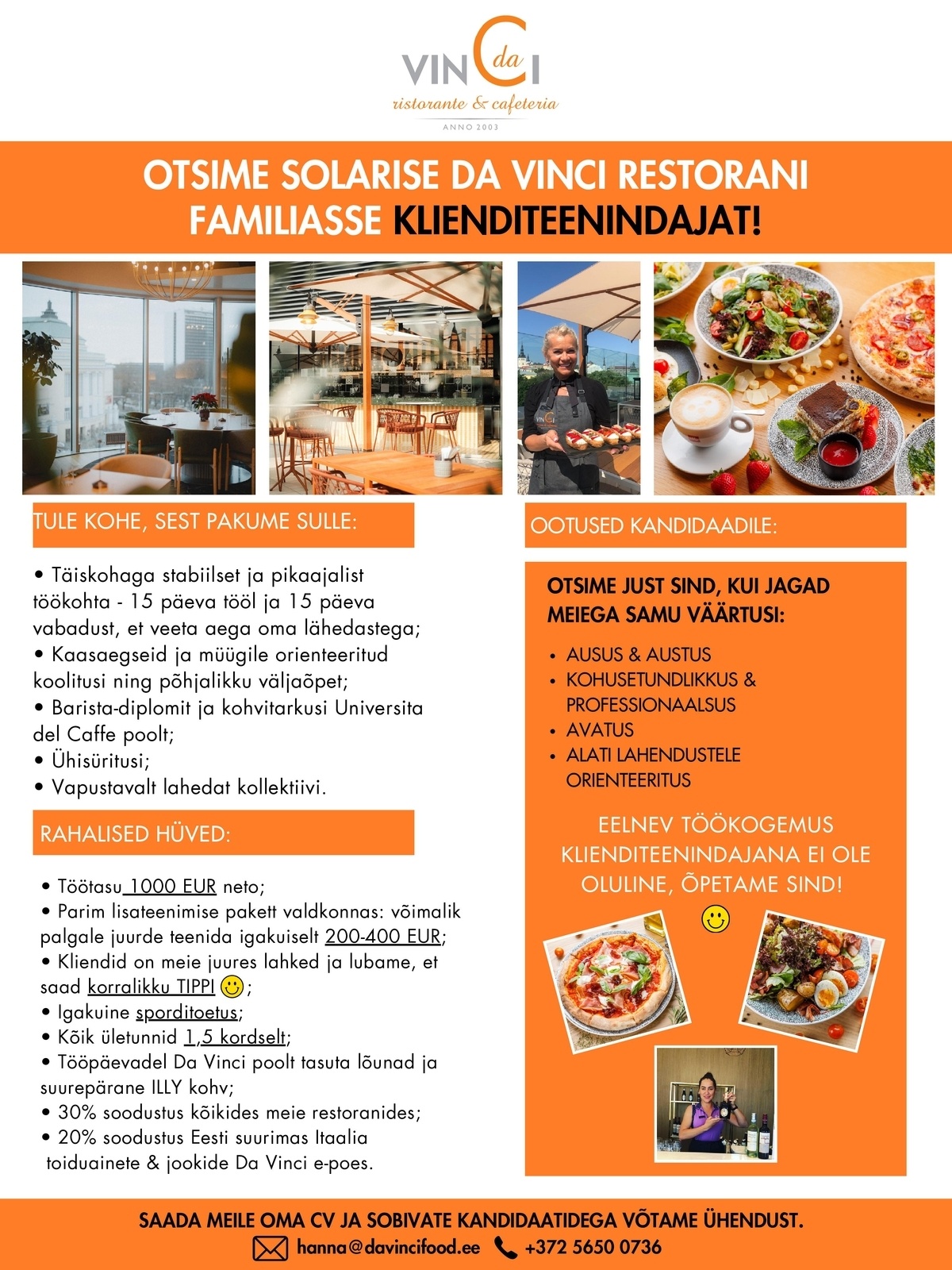 DA VINCI RESTORANID OÜ KLIENDITEENINDAJA (SOLARISE DA VINCI RESTORANI)