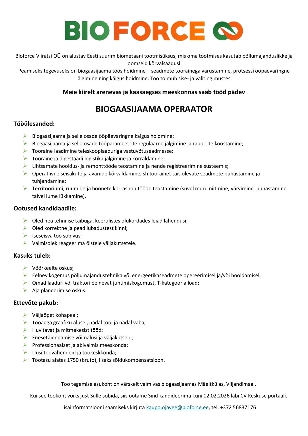 Bioforce Viiratsi OÜ BIOGAASIJAAMA OPERAATOR