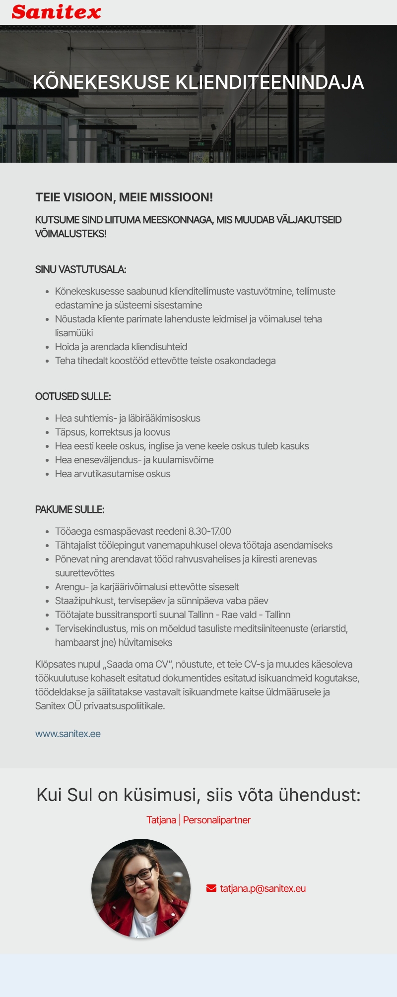 Sanitex OÜ Kõnekeskuse klienditeenindaja