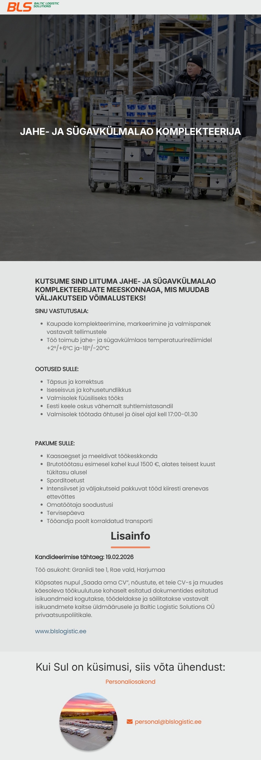Baltic Logistic Solutions OÜ JAHE- JA SÜGAVKÜLMALAO KOMPLEKTEERIJA