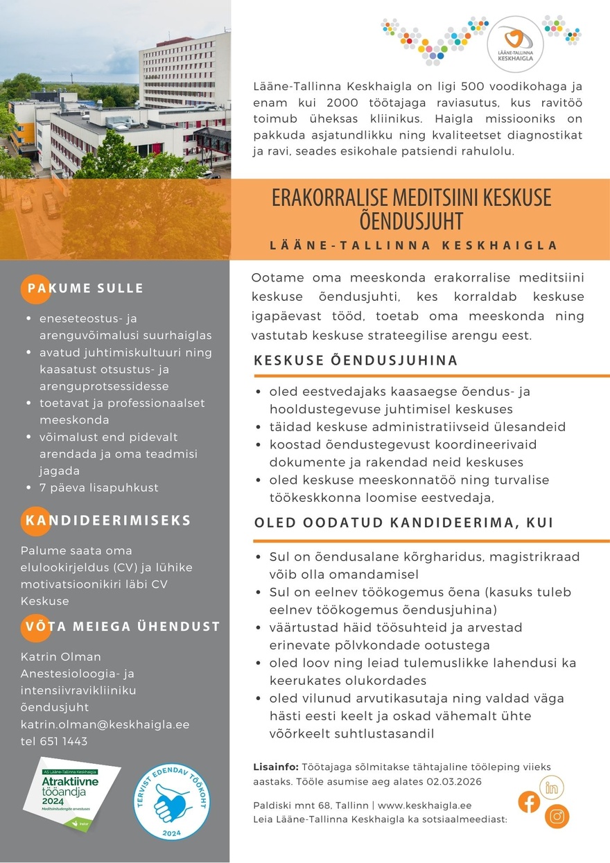 AS Lääne-Tallinna Keskhaigla Erakorralise meditsiini keskuse õendusjuht