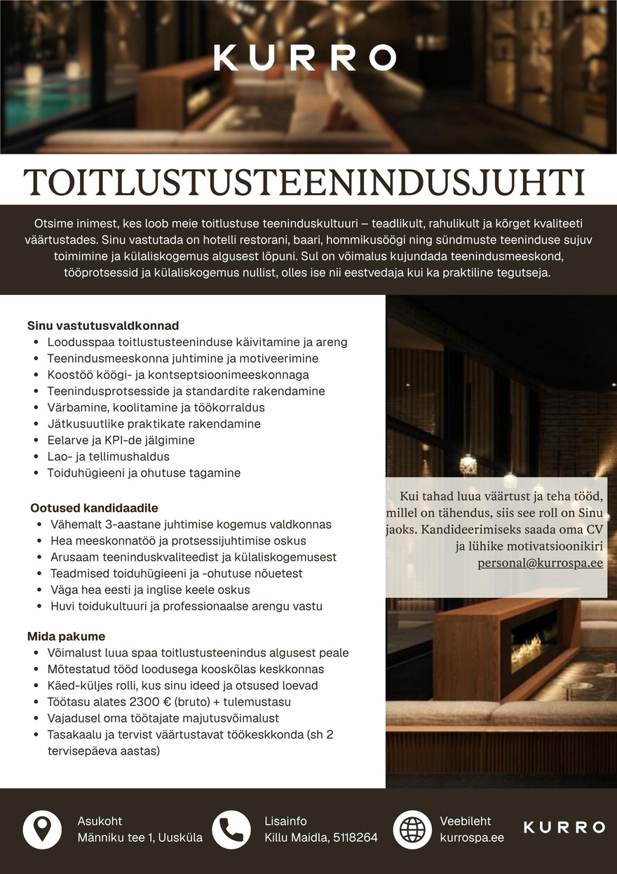 Loodusspaahotell OÜ Toitlustusteenindusjuht