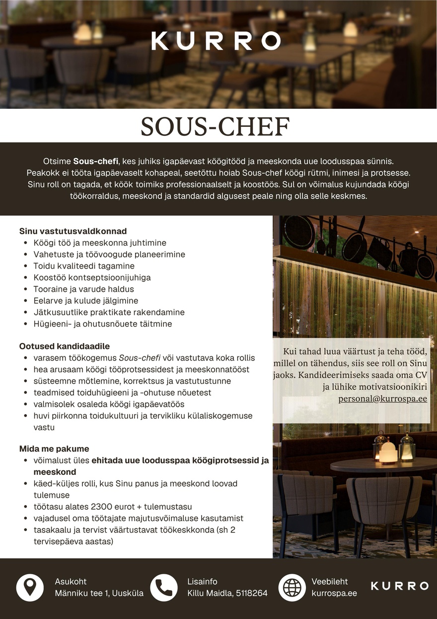 Loodusspaahotell OÜ Sous-chef