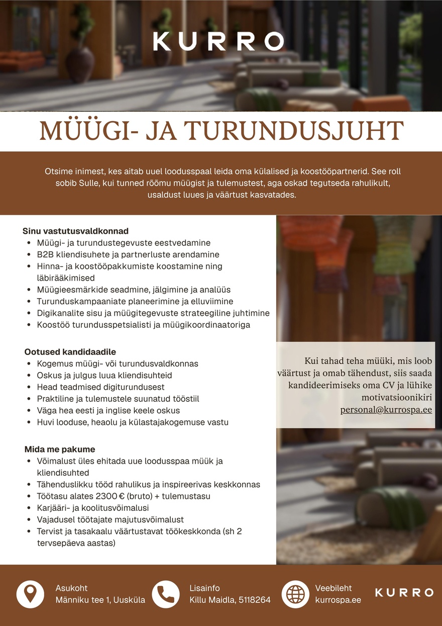 Loodusspaahotell OÜ Müügi-ja turundusjuht