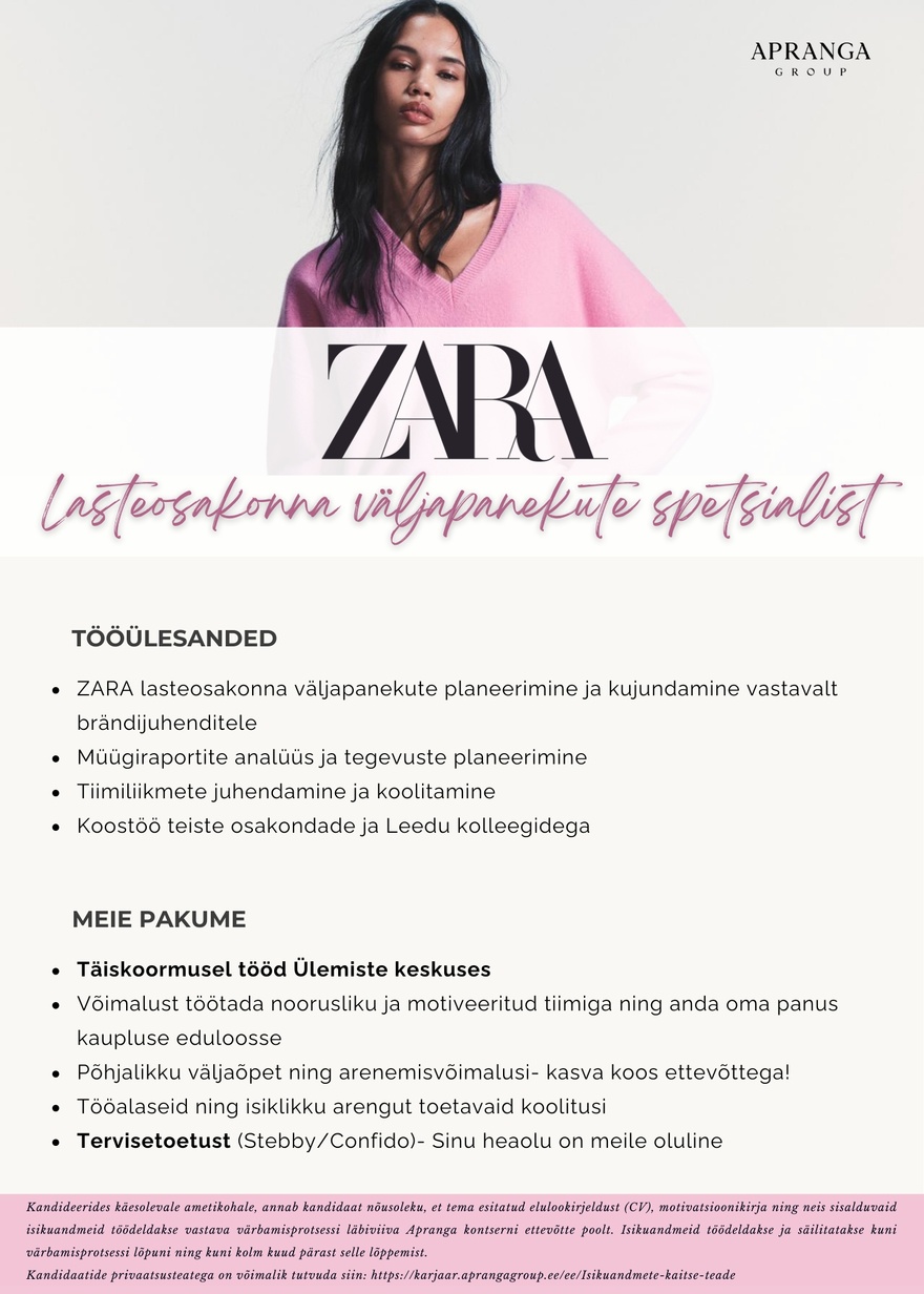 Apranga OÜ ZARA väljapanekute dekoraator