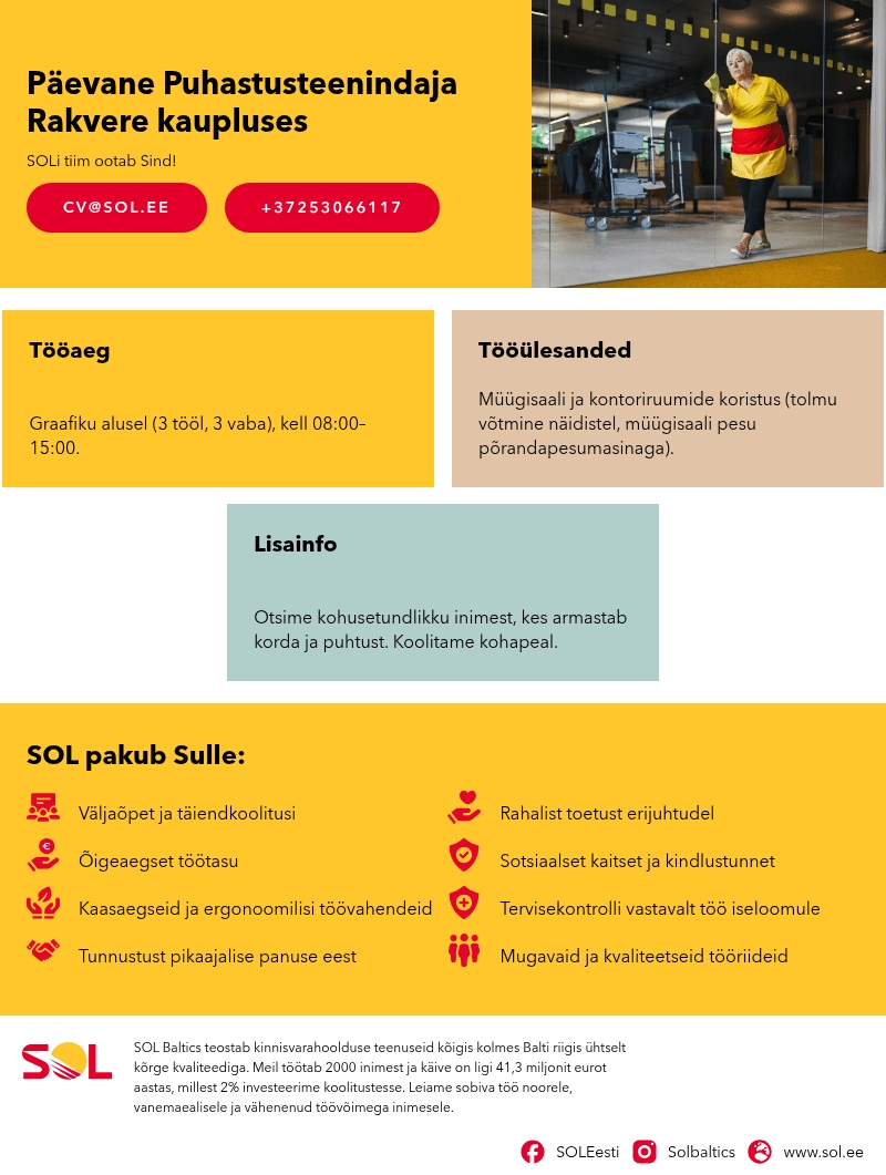 SOL Baltics OÜ Päevane Puhastusteenindaja Rakvere kaupluses