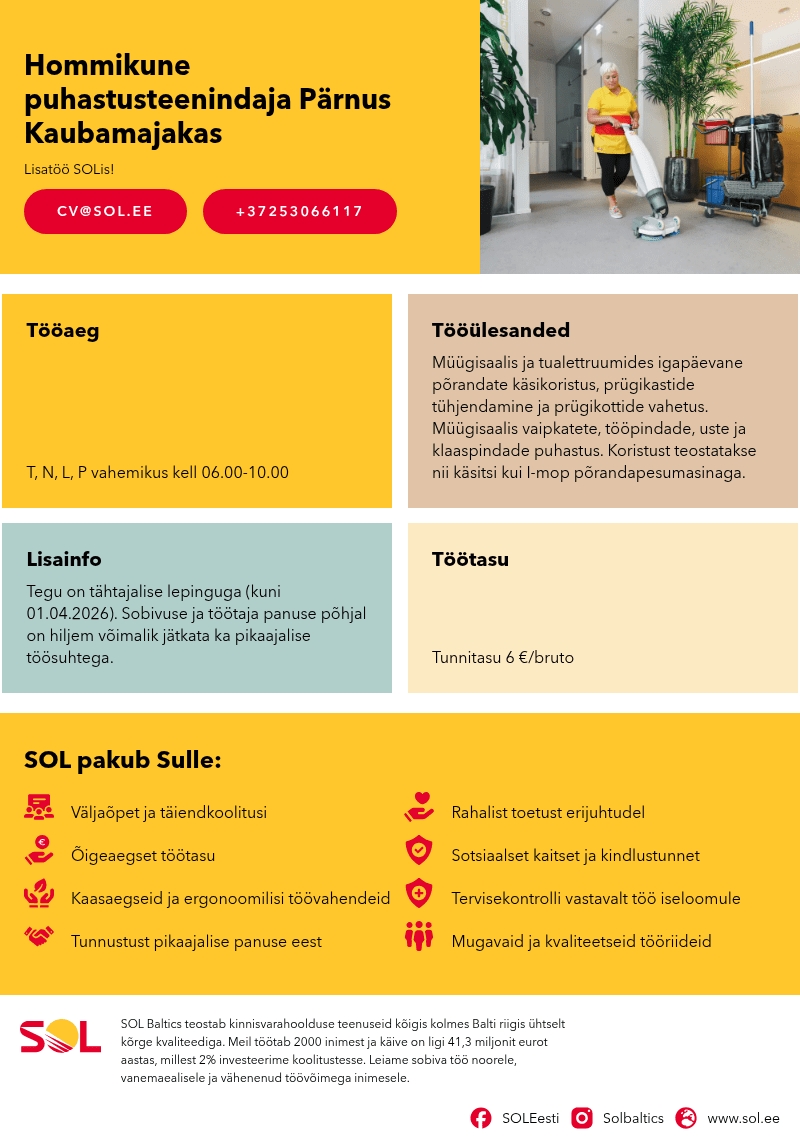 SOL Baltics OÜ Hommikune puhastusteenindaja Pärnus Kaubamajakas