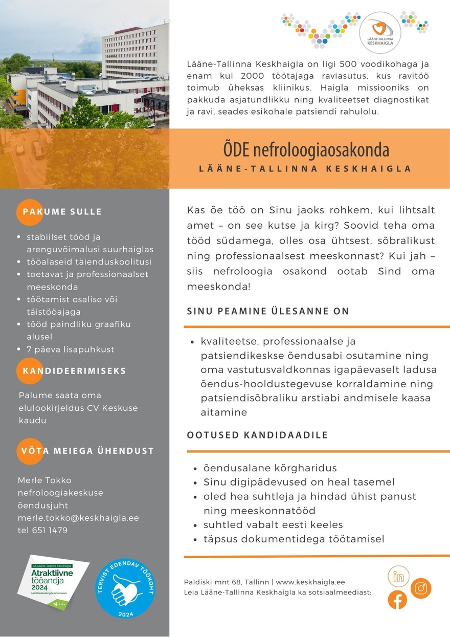 Lääne-Tallinna Keskhaigla Õde (nefroloogia osakonda)