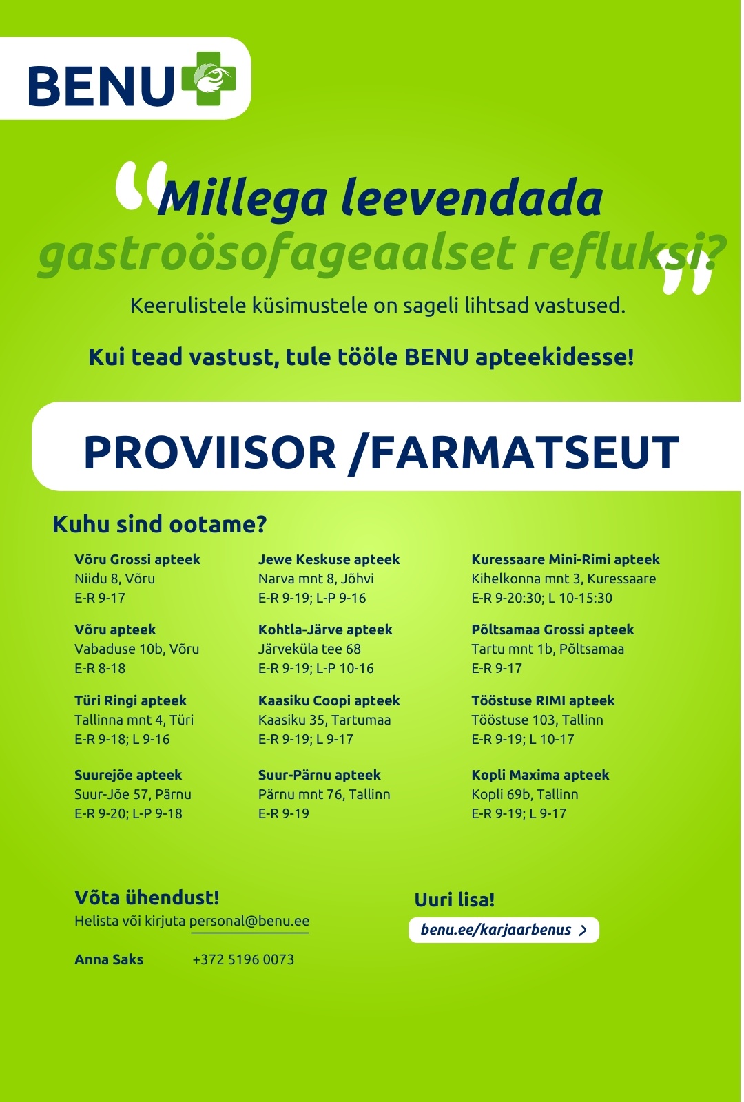 BENU Apteegid Proviisor/farmatseut BENU apteekidesse