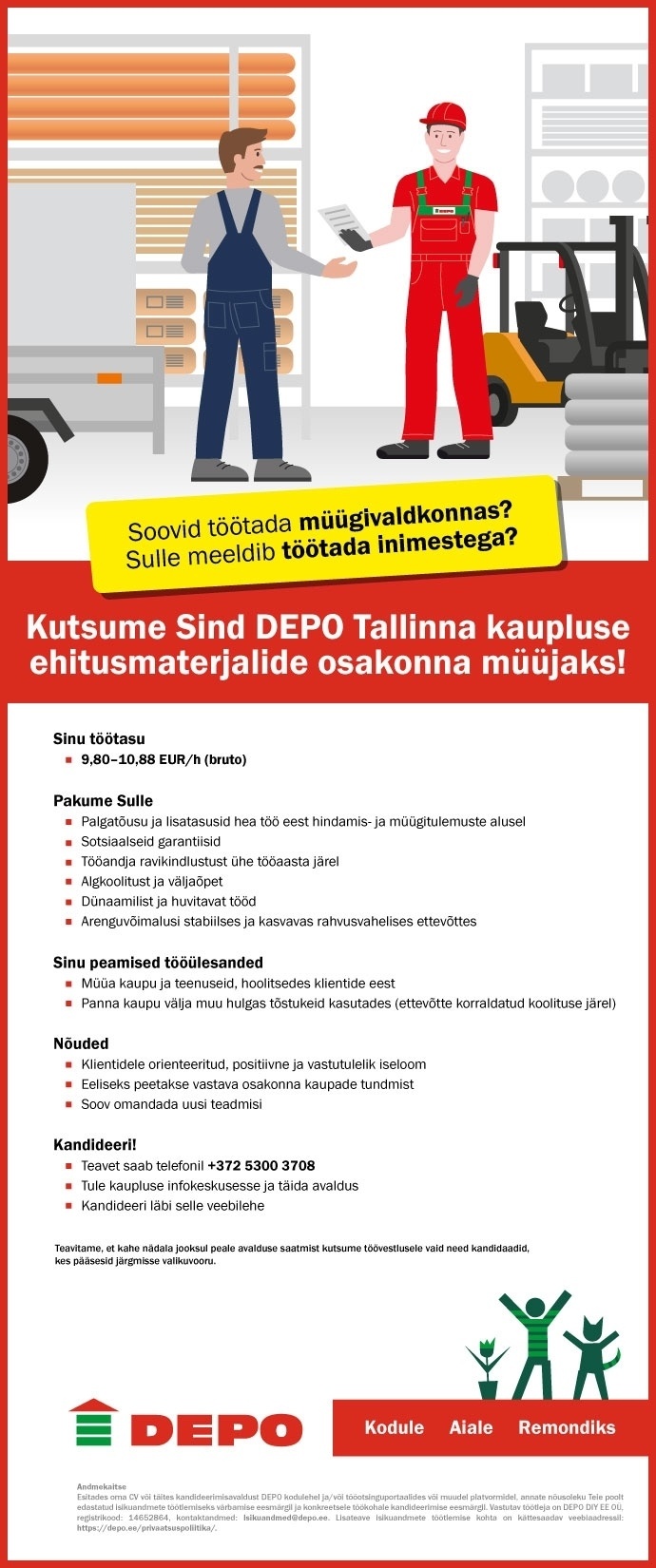 DEPO DIY EE OÜ Kutsume Sind DEPO Tallinna kaupluse ehitusmaterjalide osakonna müüjaks!