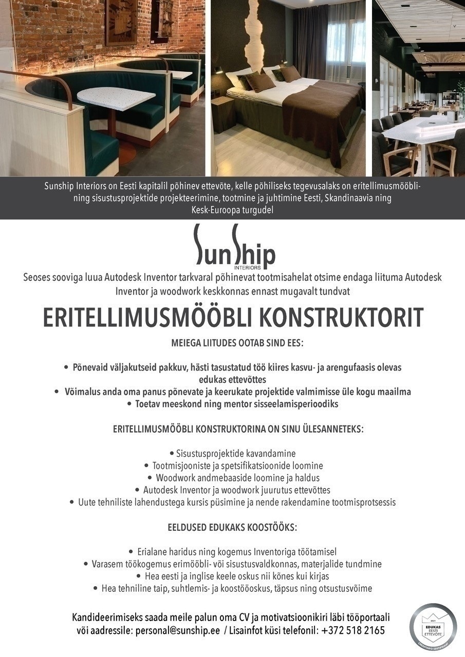 Sunship OÜ Eritellimusmööbli konstruktor
