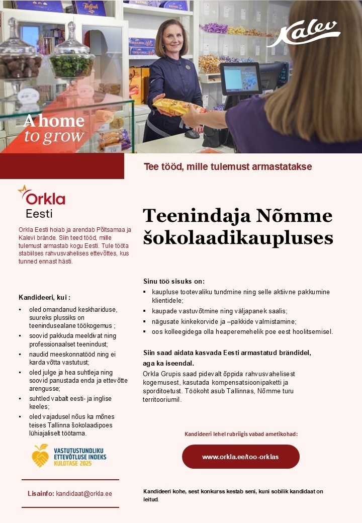 Orkla Eesti AS TEENINDAJA Nõmme Kalevi šokolaadikauplusesse