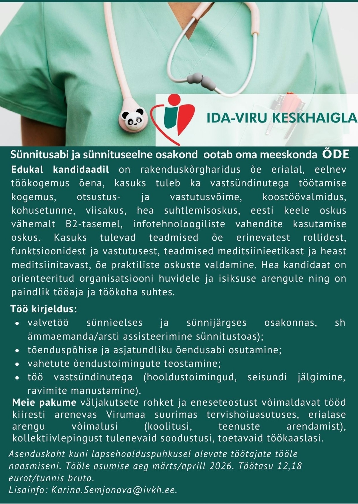 Ida-Viru Keskhaigla SA Õde sünnitusabi ja sünnituseelsesse osakonda