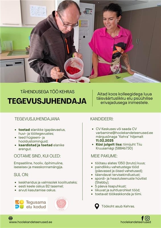 HOOLEKANDETEENUSED AS TÄHENDUSEGA TÖÖ tegevusjuhendajale Kehras
