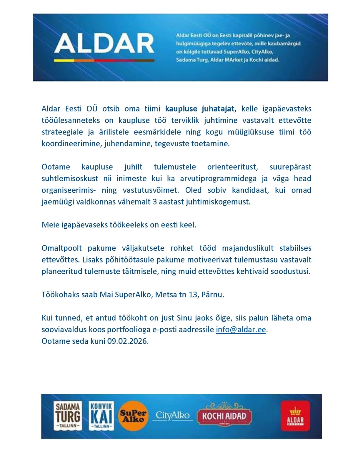 Aldar Eesti OÜ Mai SuperAlko kaupluse juhataja