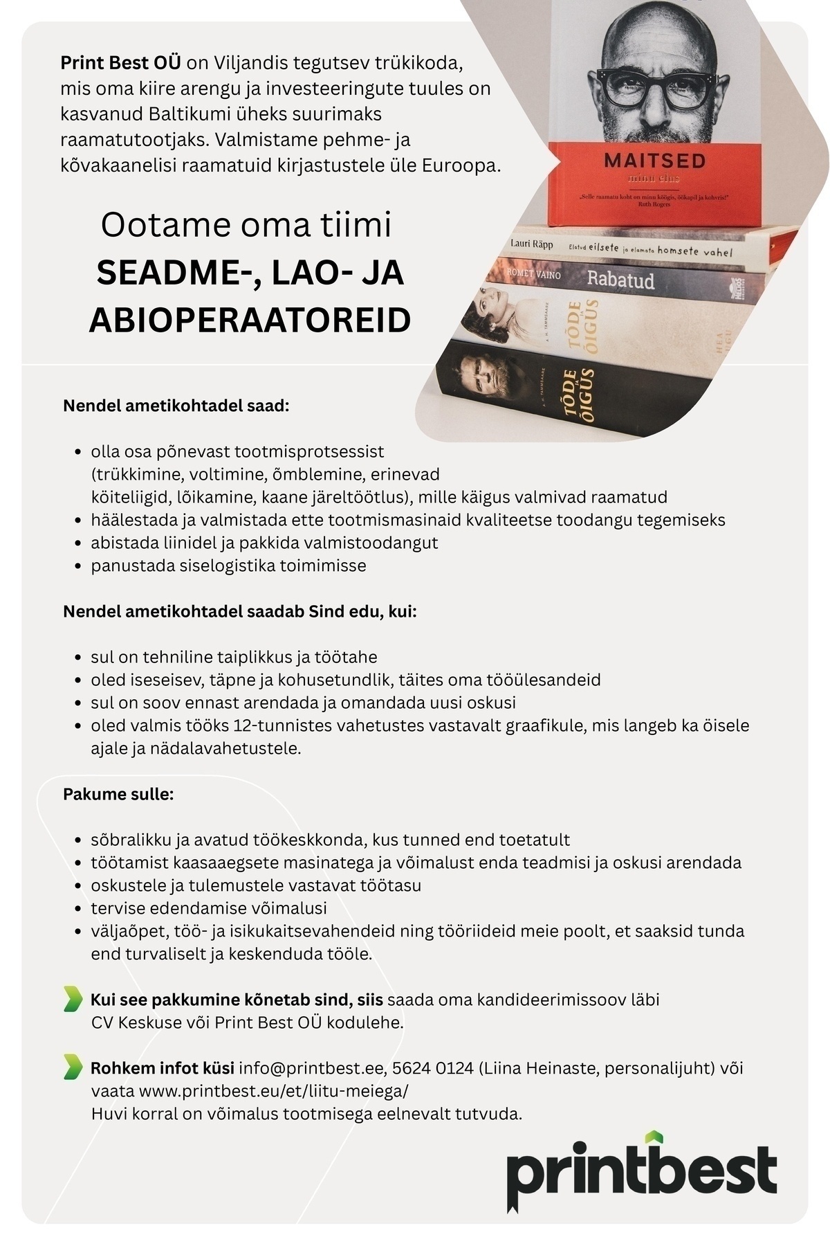 Print Best OÜ TOOTMISSEADME, LAO- ja ABIOPERAATOREID