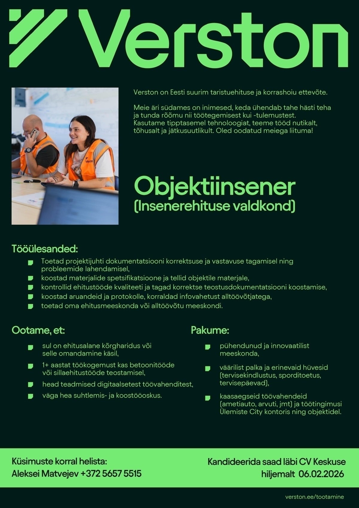 VERSTON EESTI OÜ Objektiinsener (Insenerehituse valdkond)