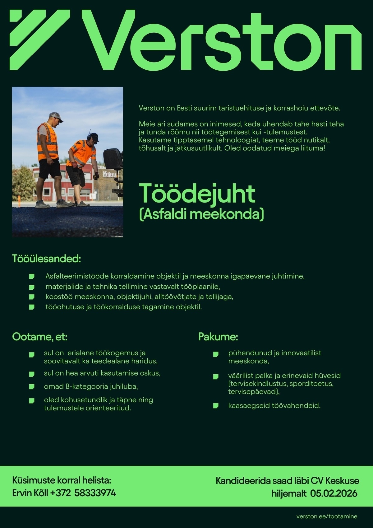 VERSTON EESTI OÜ Töödejuht