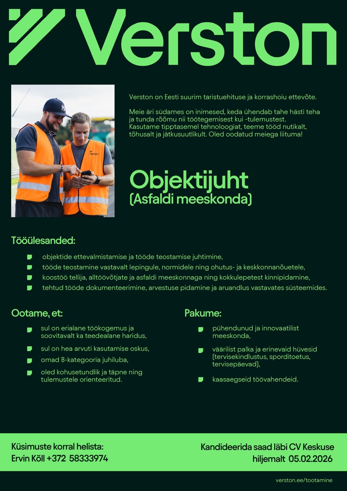 VERSTON EESTI OÜ Objektijuht