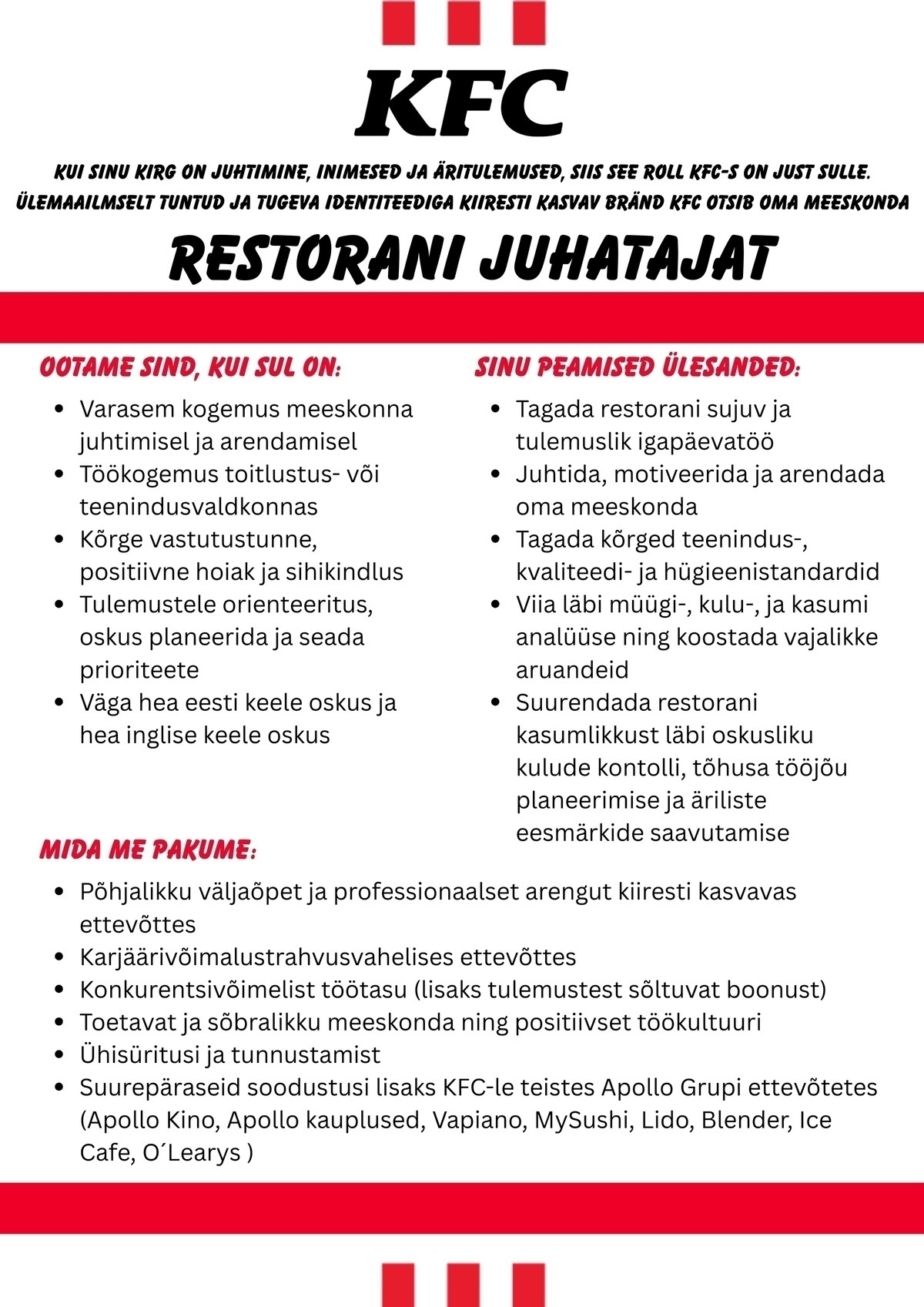 APL Fresh Food OÜ Tallinna KFC kutsub tiimi RESTORANI JUHATAJAT!