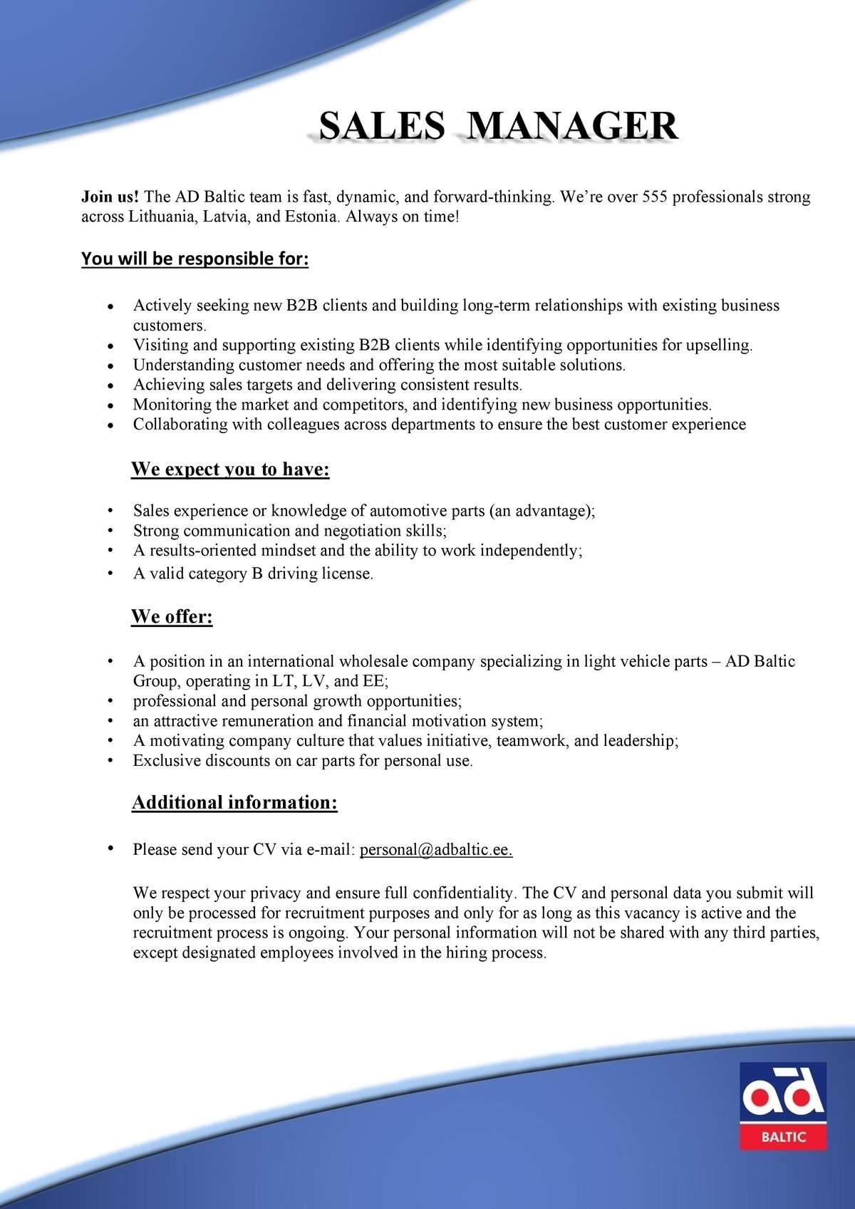 AD BALTIC AS Sales manager