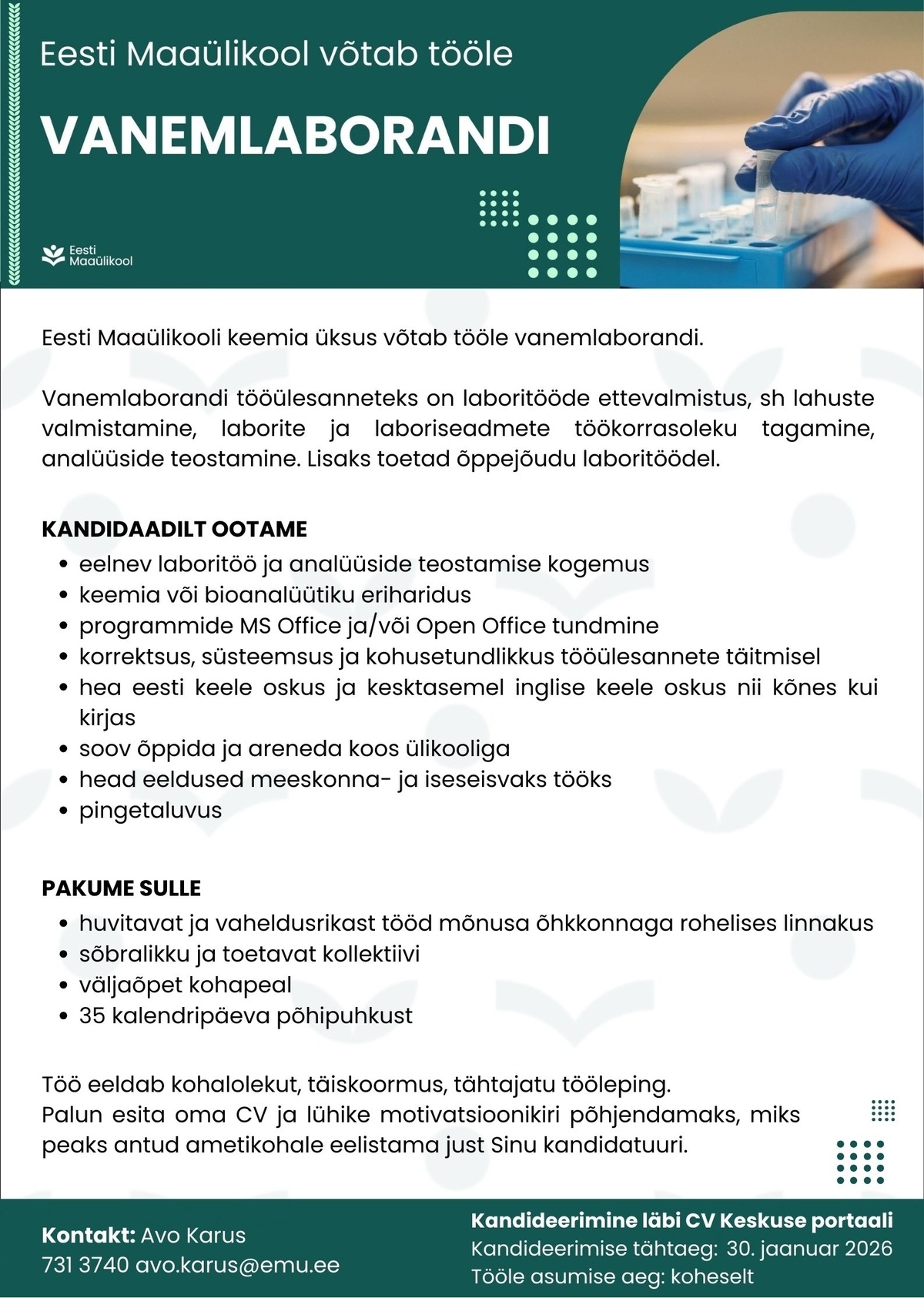 Eesti Maaülikool Vanemlaborant