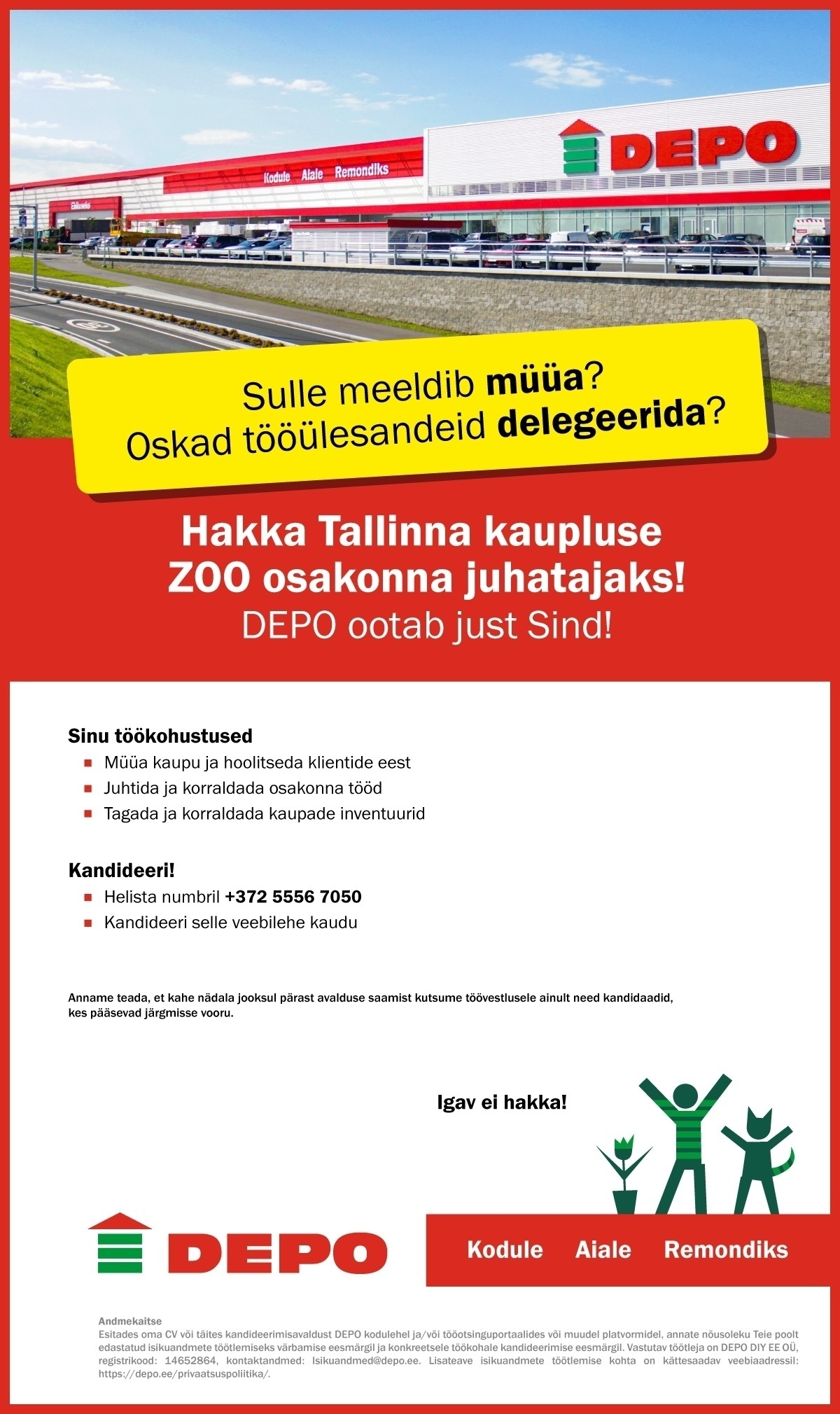 DEPO DIY EE OÜ Kutsume Sind DEPO Tallinna kaupluse ZOO osakonna juhatajaks!
