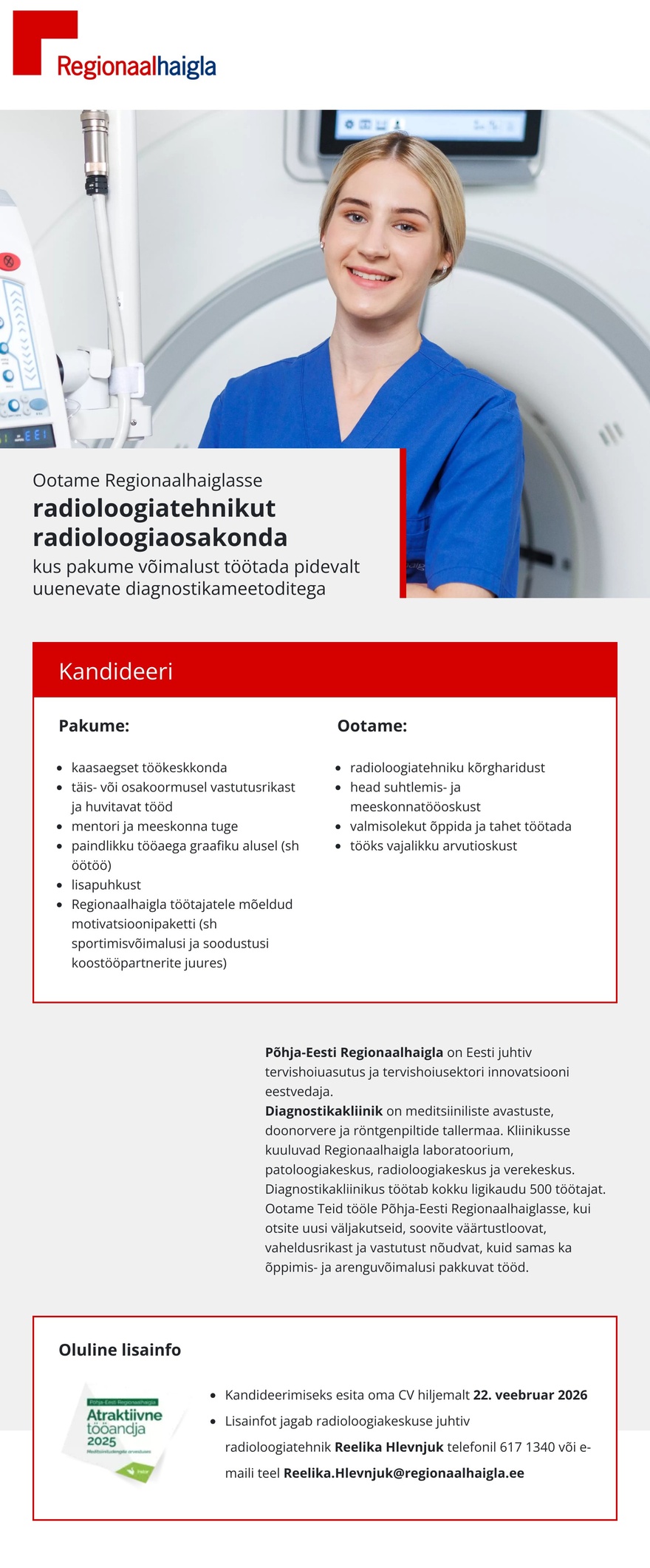 Põhja-Eesti Regionaalhaigla Radioloogiatehnik radioloogiaosakonda