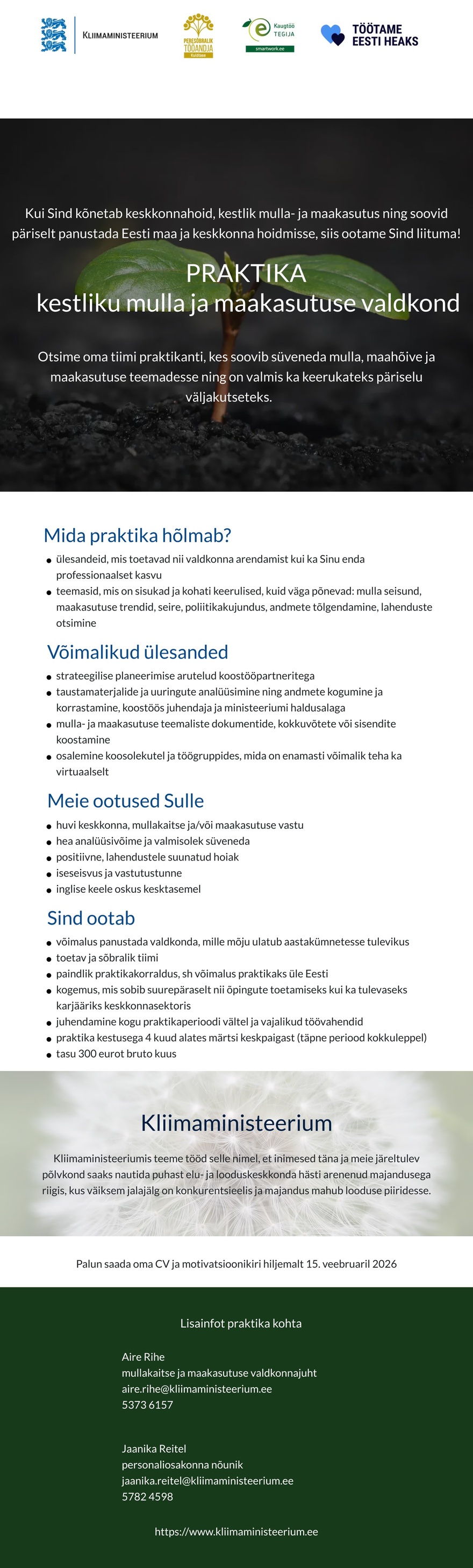 Kliimaministeerium Praktika kestliku mulla- ja maakasutuse valdkonnas