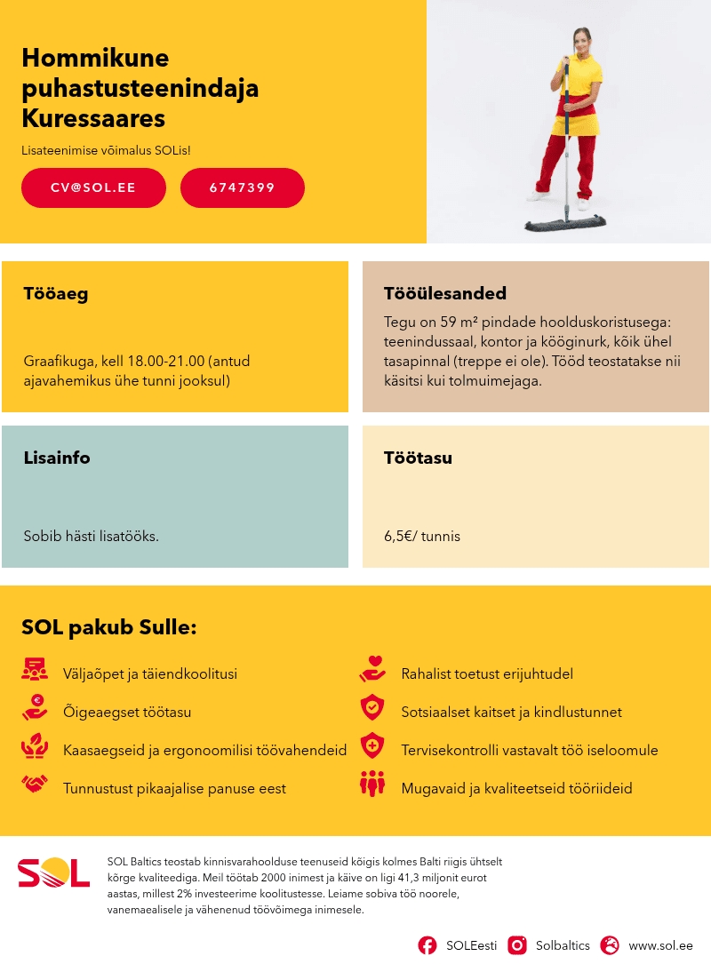 SOL Baltics OÜ Hommikune puhastusteenindaja Kuressaares