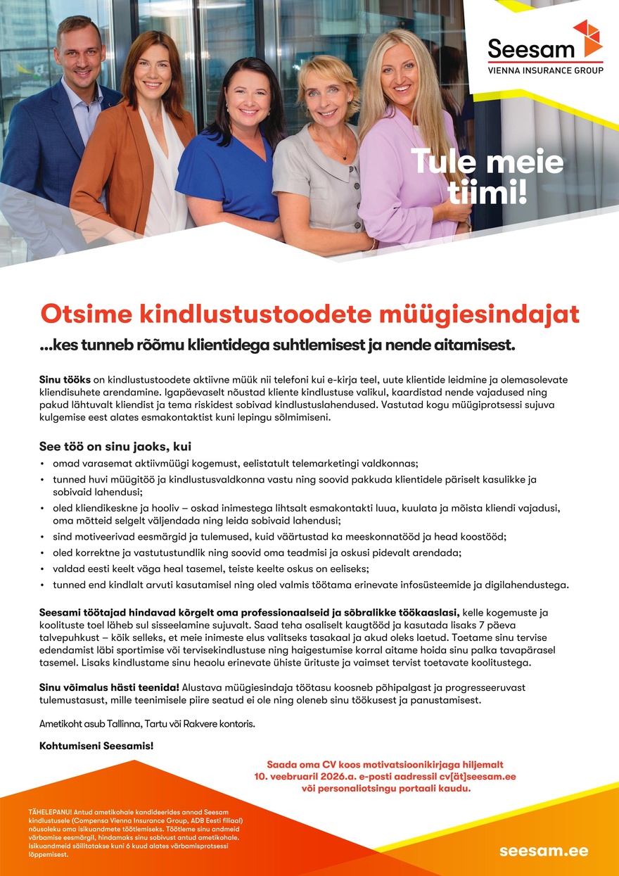 Compensa Vienna Insurance Group, ADB Eesti filiaal Kindlustustoodete müügiesindaja