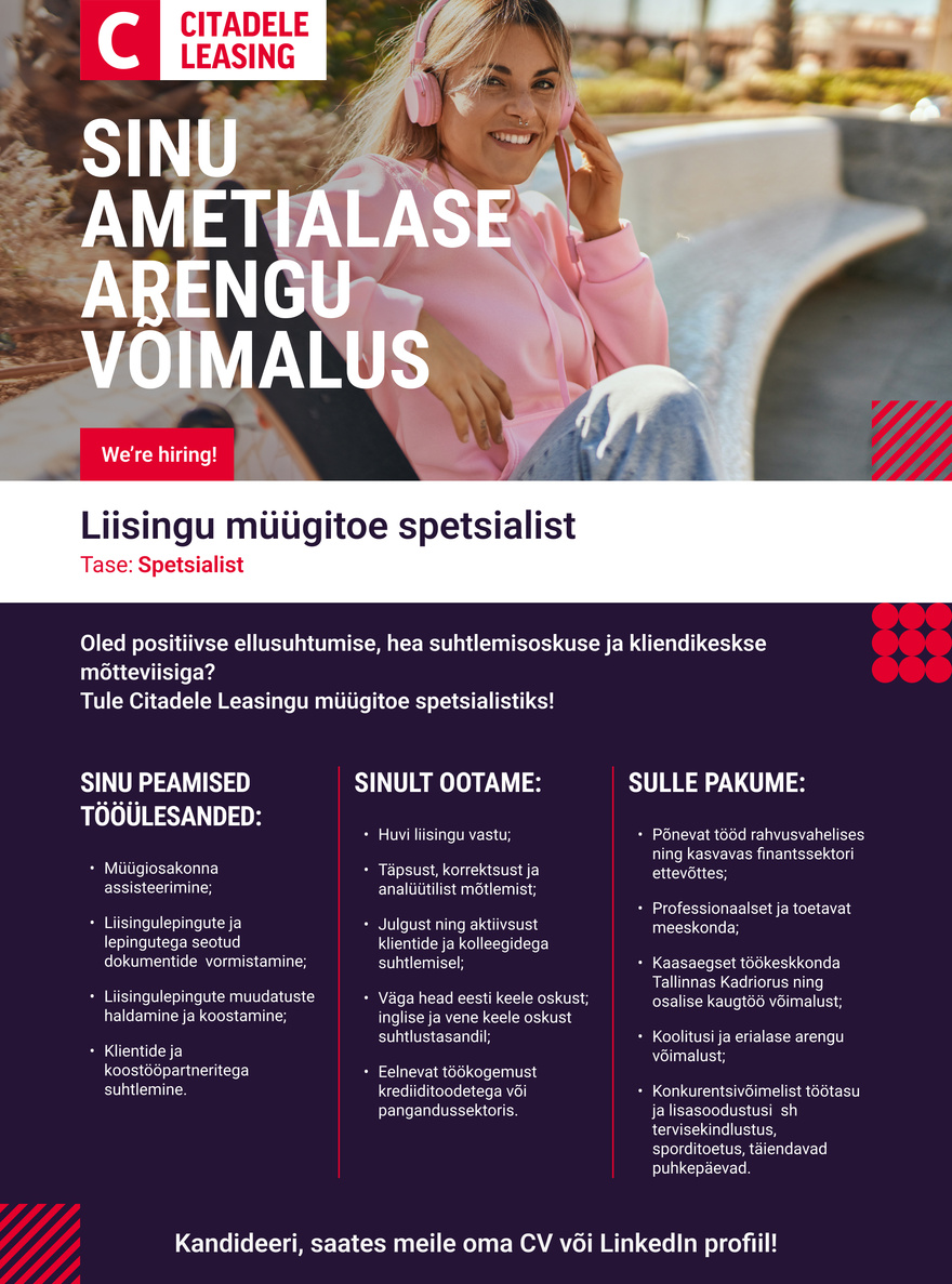 AS CITADELE BANKA EESTI FILIAAL Liisingu müügitoe spetsialist