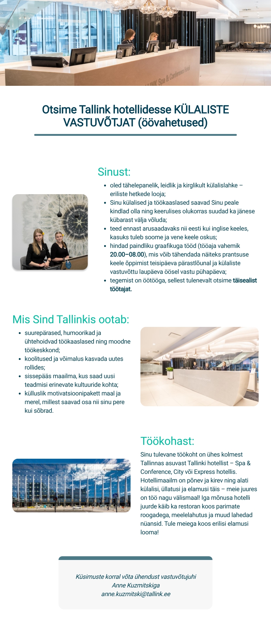 Tallink Grupp AS Tallink hotellide külaliste vastuvõtja (öövahetused)