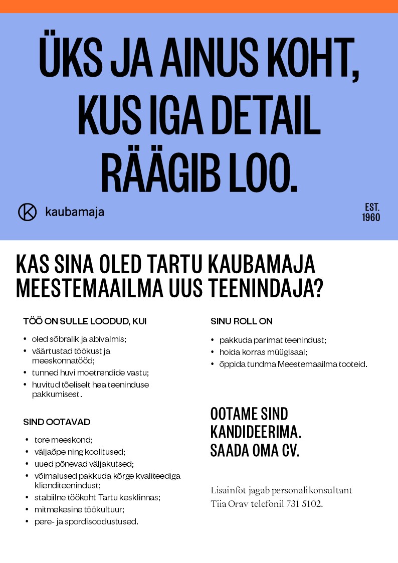 Kaubamaja Meestemaailma teenindaja Tartu Kaubamajas