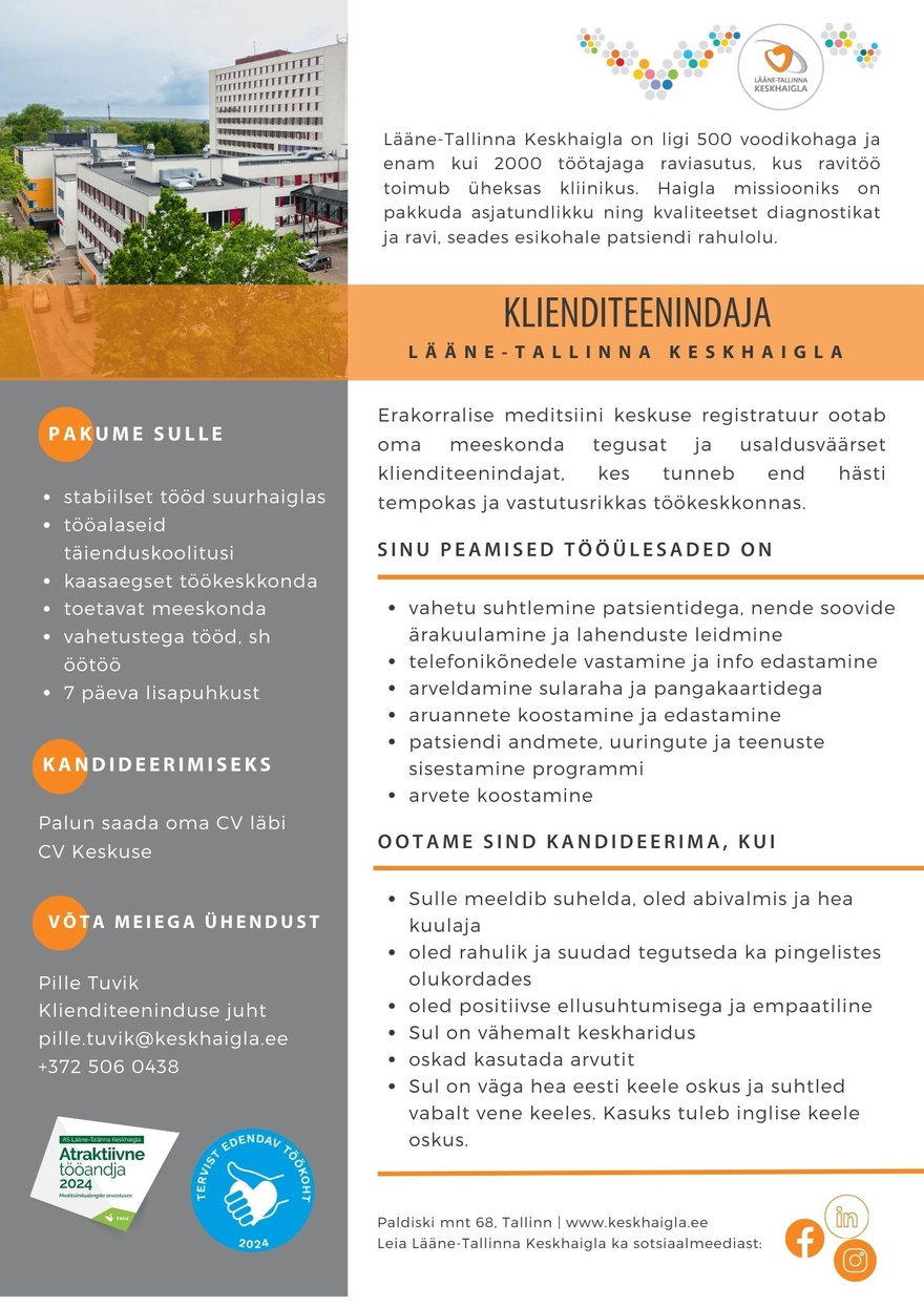 Lääne-Tallinna Keskhaigla Klienditeenindaja