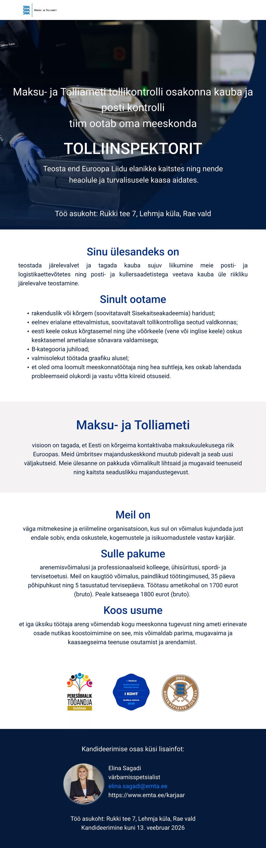 Maksu- ja Tolliamet Tolliinspektor (postitoll)