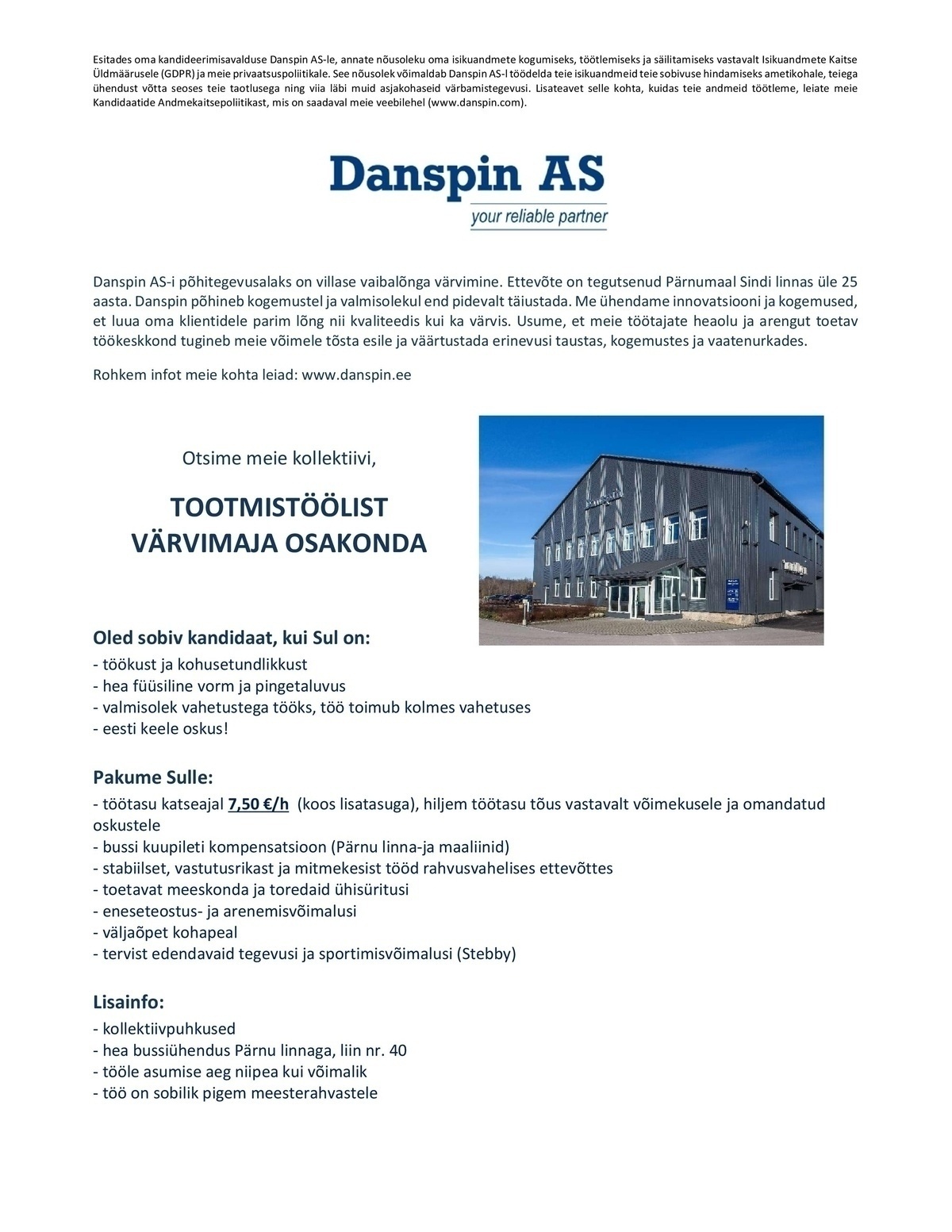 Danspin AS Tootmistööline Värvimaja osakonda