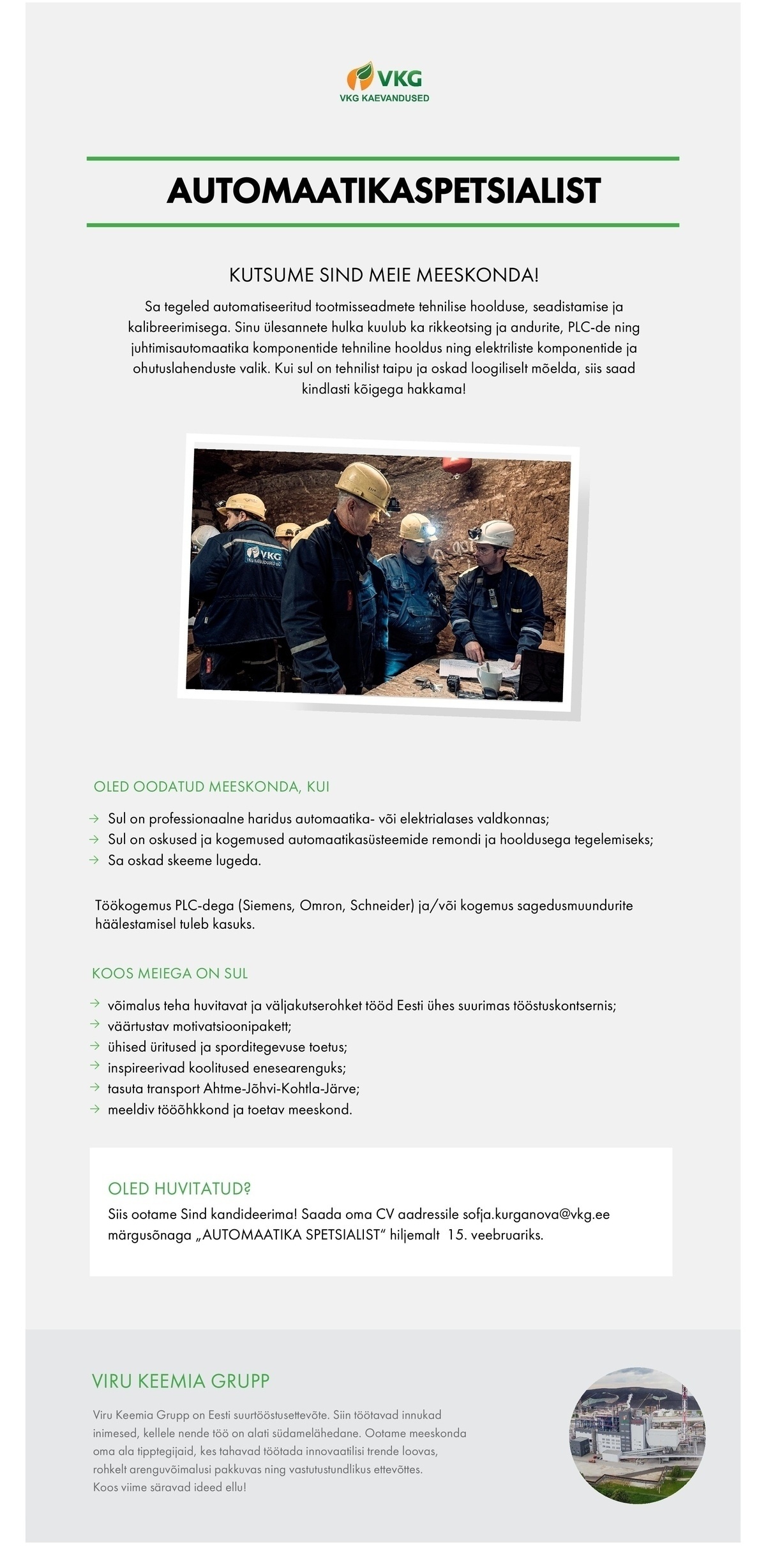 Viru Keemia Grupp AS AUTOMAATIKASPETSIALIST/ СПЕЦИАЛИСТ ПО АВТОМАТИКЕ