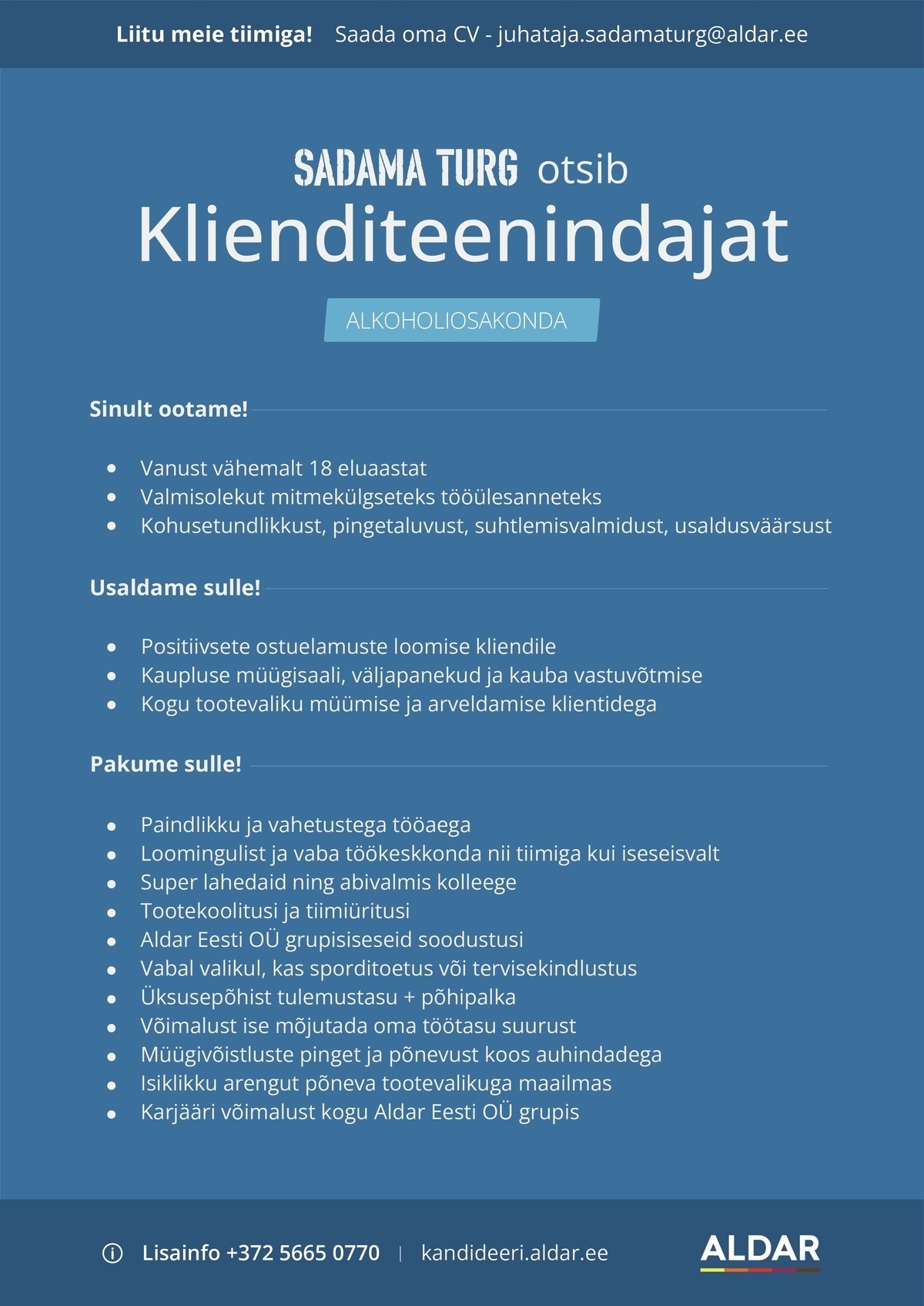 Aldar Eesti OÜ Klienditeenindaja Sadama Turu alkoholiosakonda