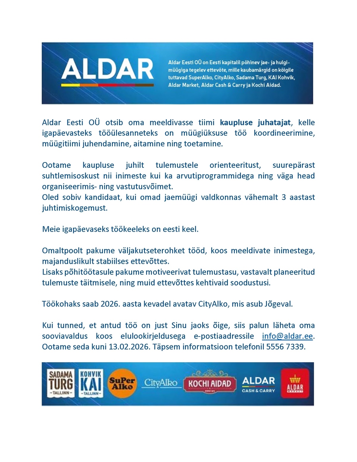 Aldar Eesti OÜ Jõgeva CityAlko kaupluse juhataja