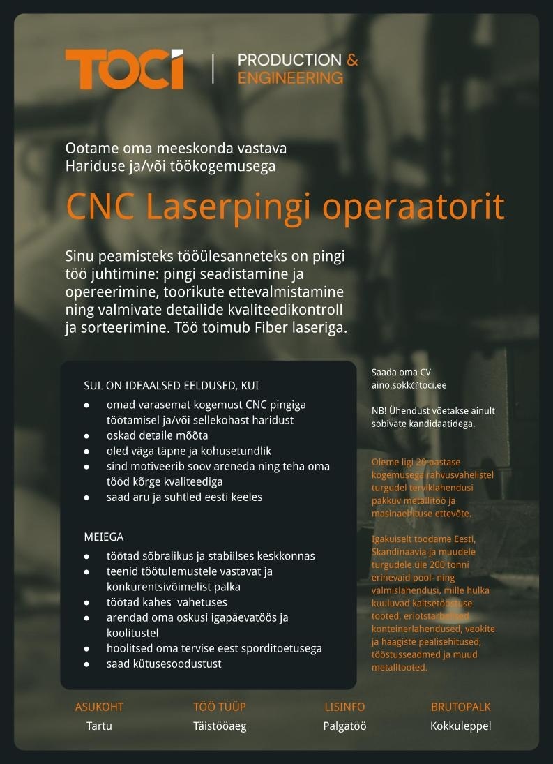 TOCI OÜ CNC laserpingi operaator