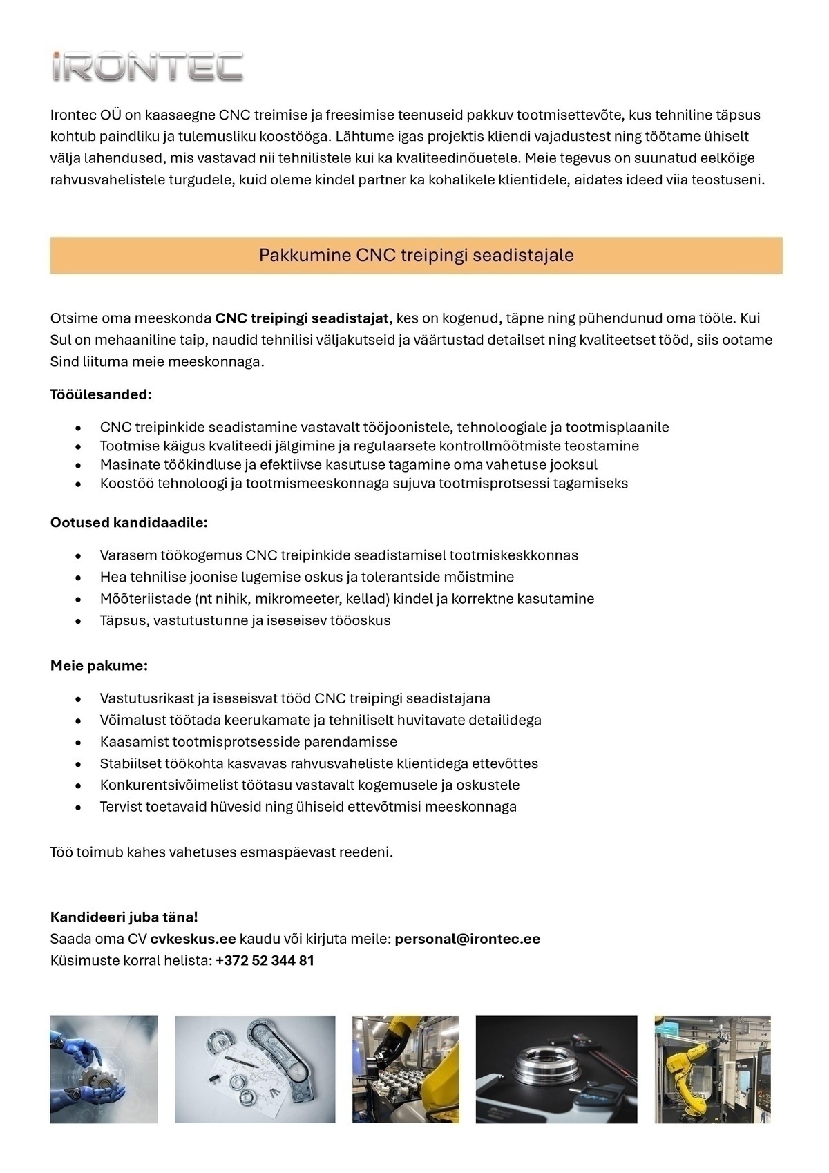 IRONTEC OÜ CNC treipingi seadistaja