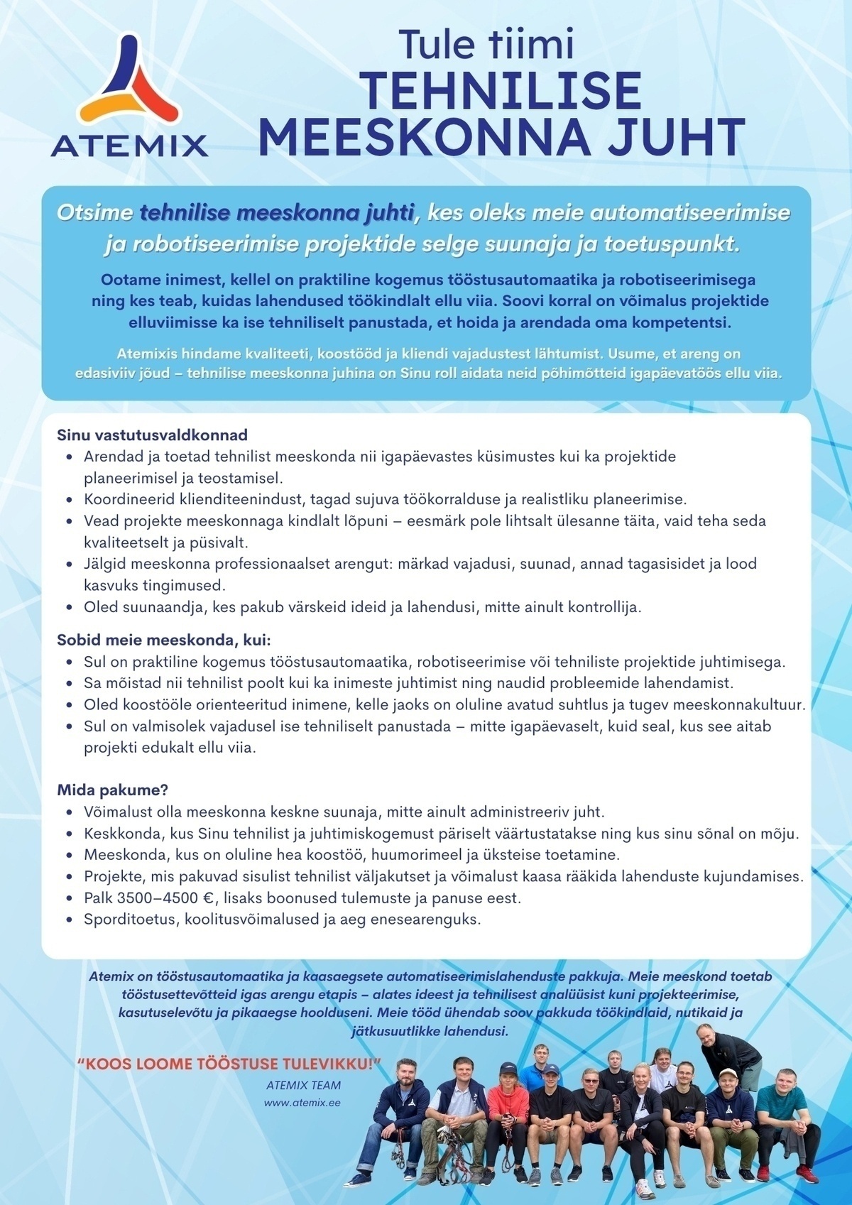 ATEMIX TÖÖSTUSAUTOMAATIKA OÜ Tehnilise meeskonna juht