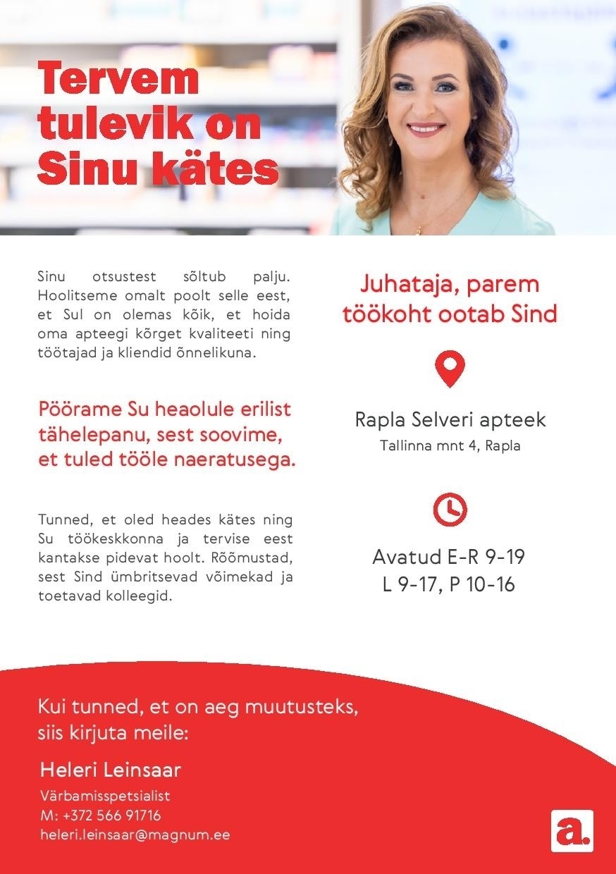 Apotheka Juhataja Rapla Selveri Apotheka Apteeki