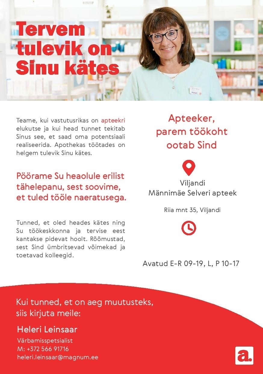 Apotheka Proviisor või farmatseut Viljandi Männimäe Selveri Apteeki